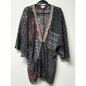 UMGEE Boho Fringed Paisley Southwestern Green Maroon Blue Kimono, Sz S/M